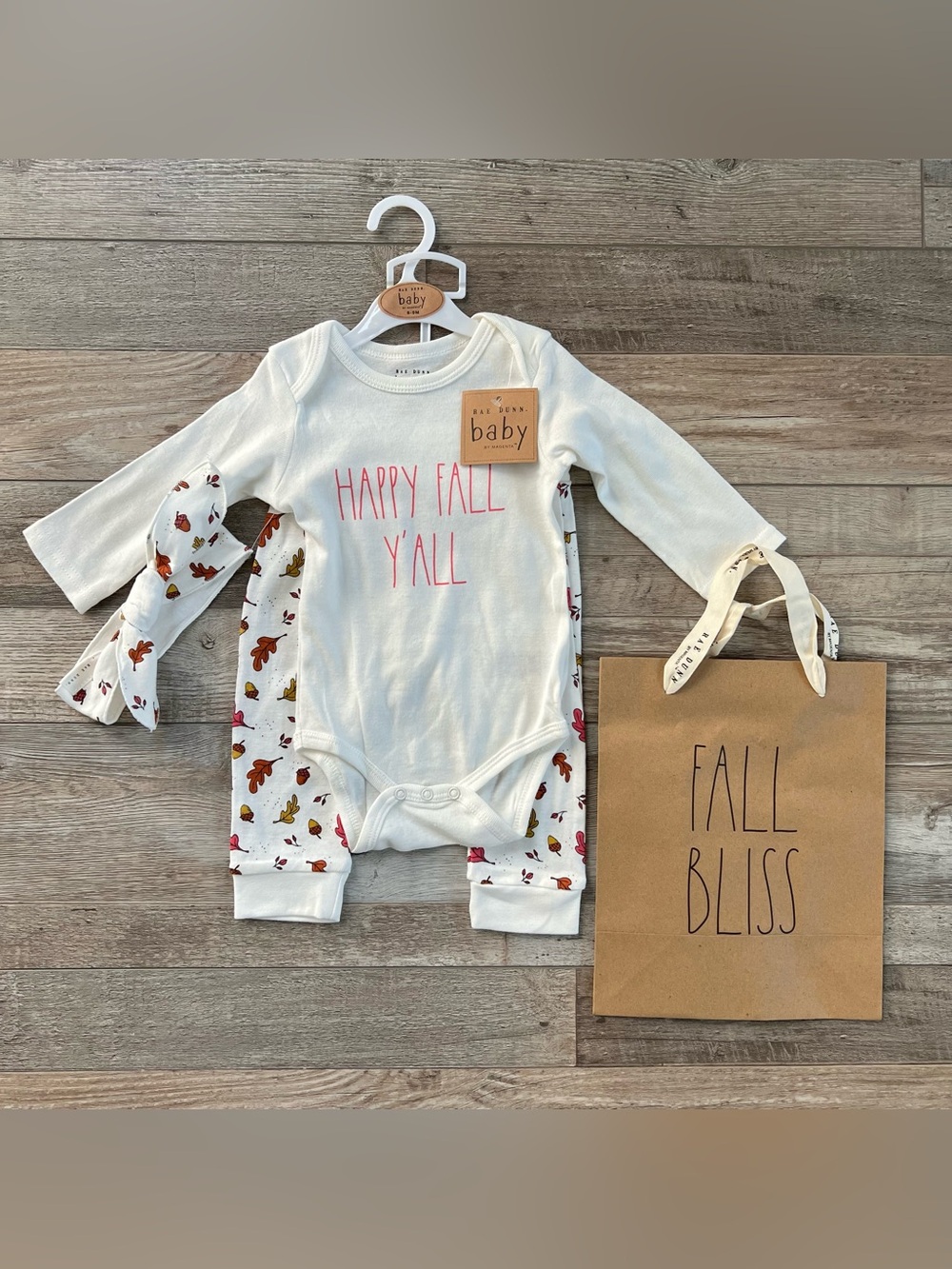 NWT Rae Dunn Girl’s ‘Happy Fall Ya’ll’ Outfit & Gift Bag Size 6/9 Months